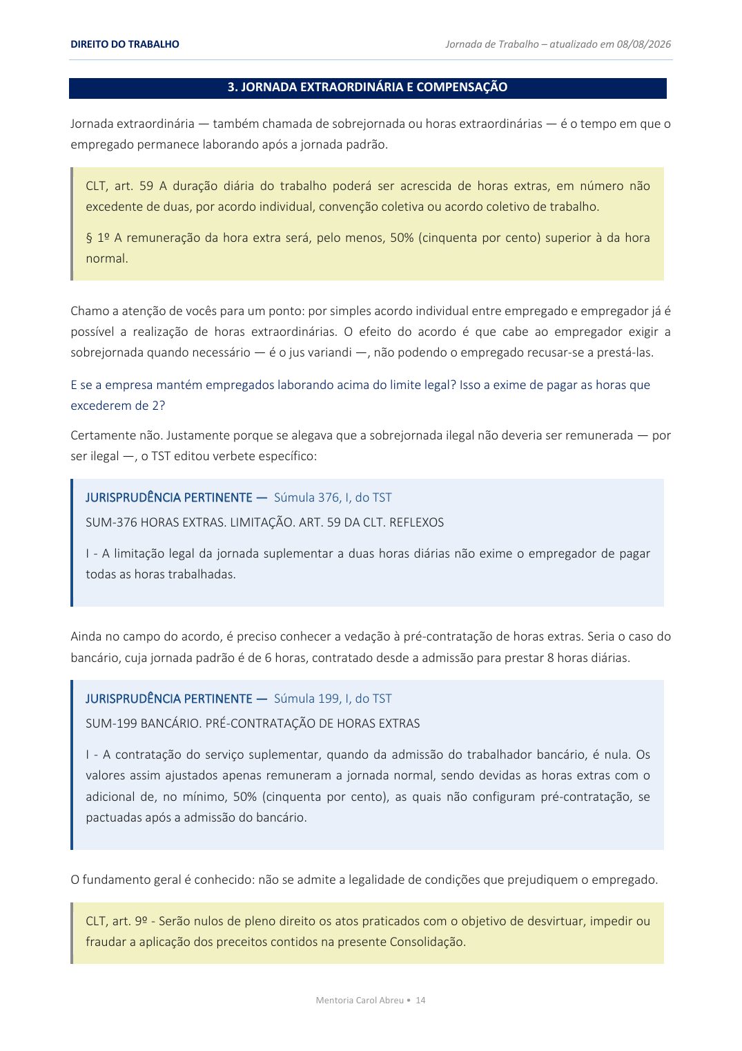 Jornada de Trabalho — Súmulas e resumos objetivos