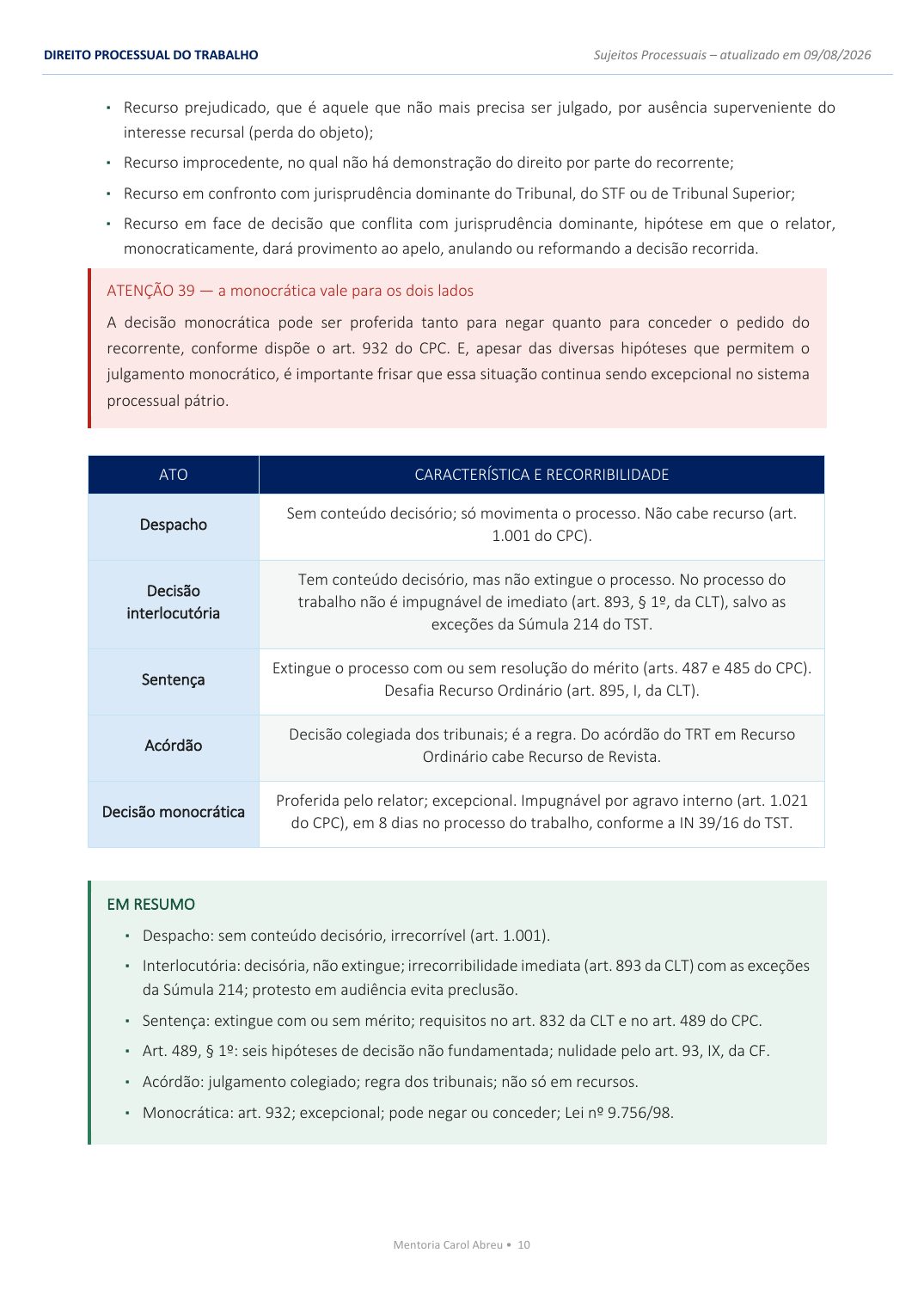 Sujeitos Processuais: Juiz e Ministério Público — Atos e recorribilidade em tabela